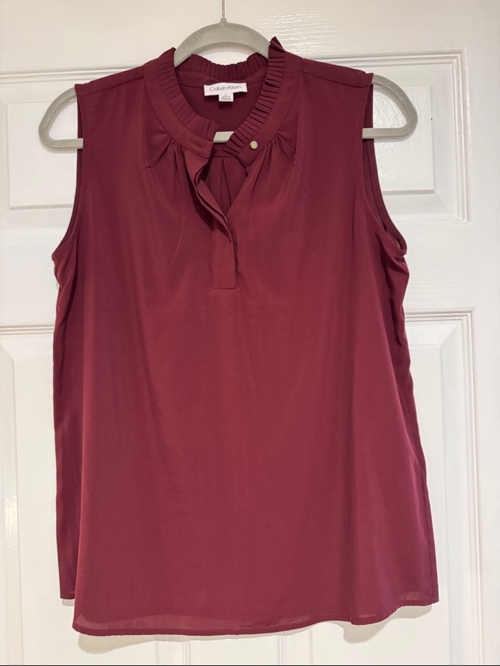 Calvin Klein Sleeveless Ruffle-Neck Shell in Wine